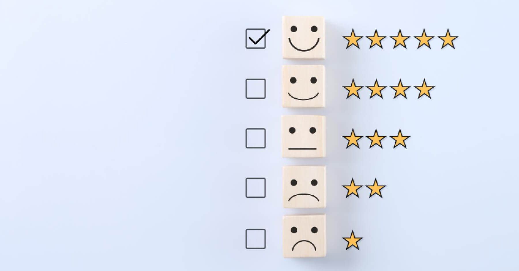 Wooden blocks with emoticon faces and rating scales next to them
