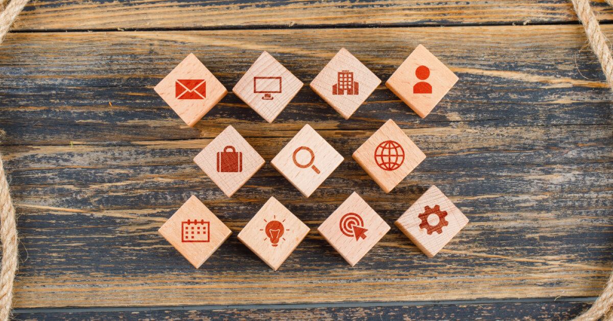 Grid of wooden blocks with visuals on them