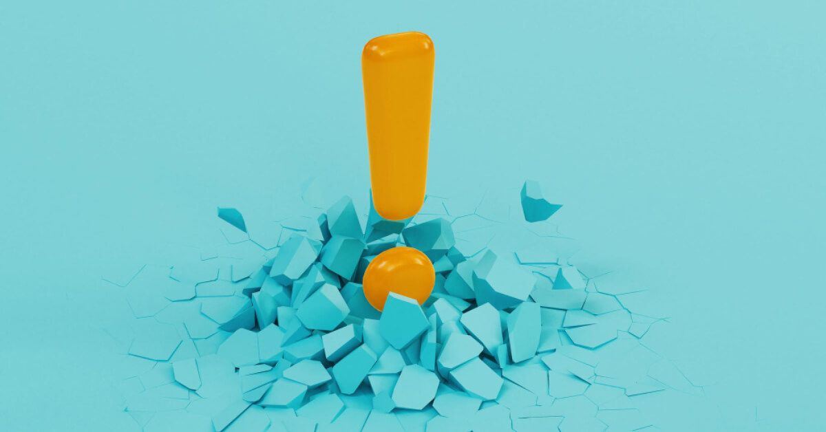 A huge exclamation mark falling on a blue ground and breaking it
