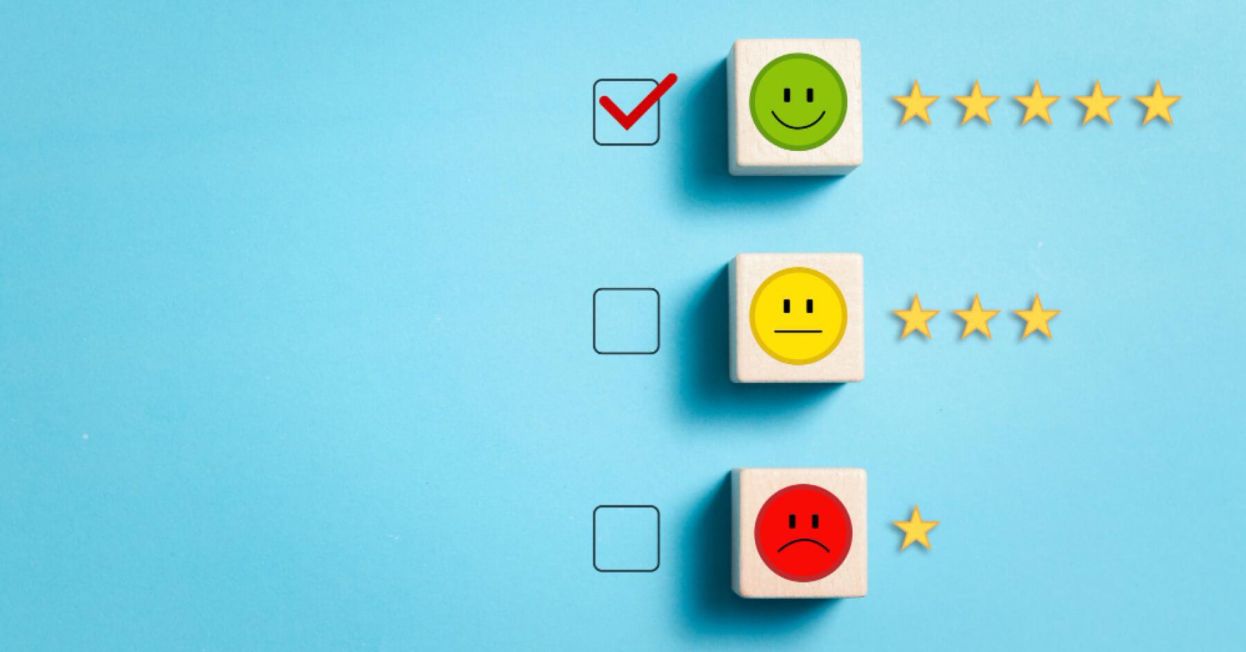 Checklist of wooden blocks with emotions of happy, sad and not so satisfied next to stars