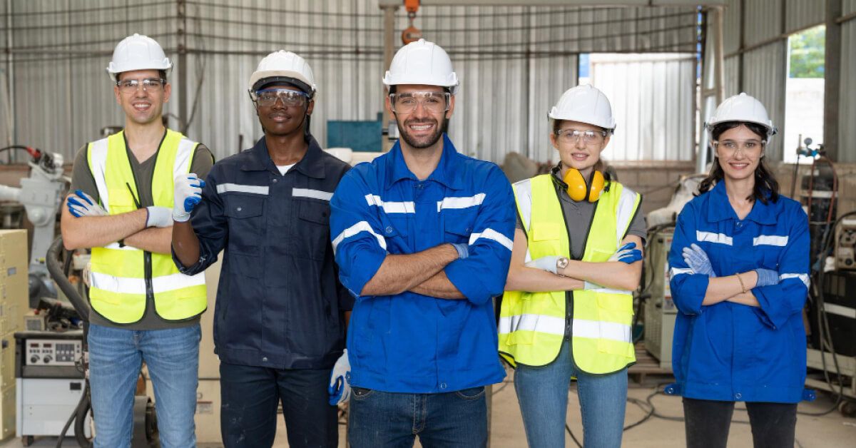Blue collar employees happily standing next to each other