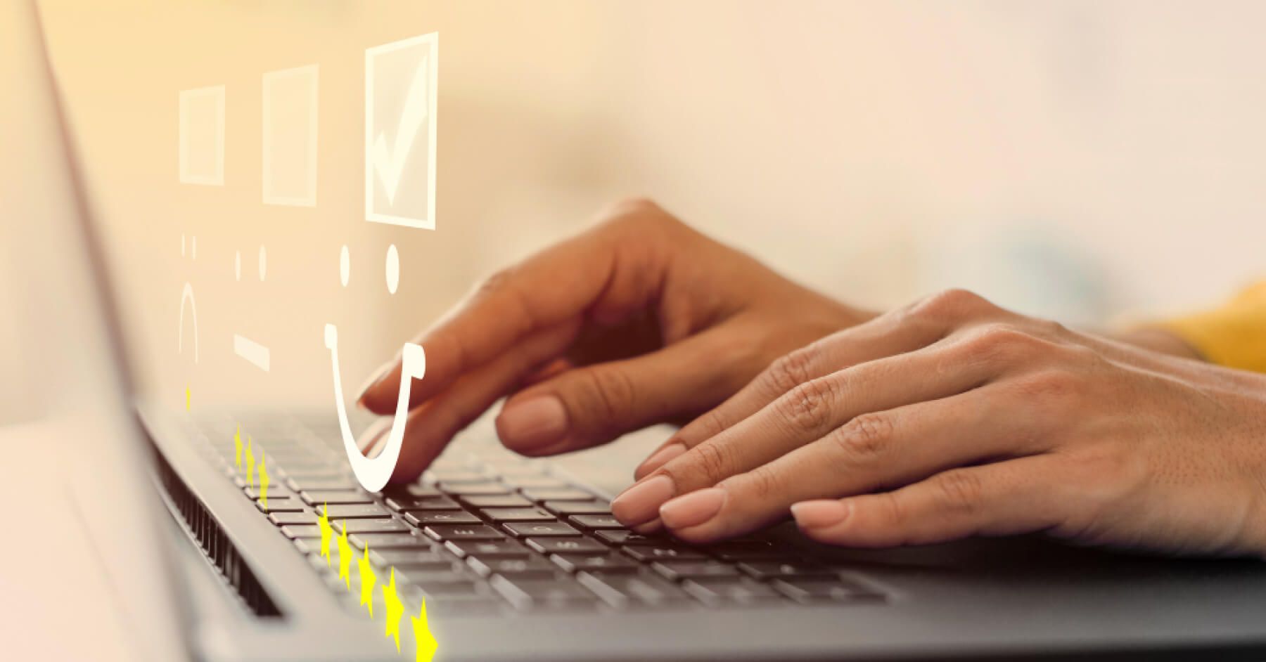 Person using a laptop with holographic rating visuals on top