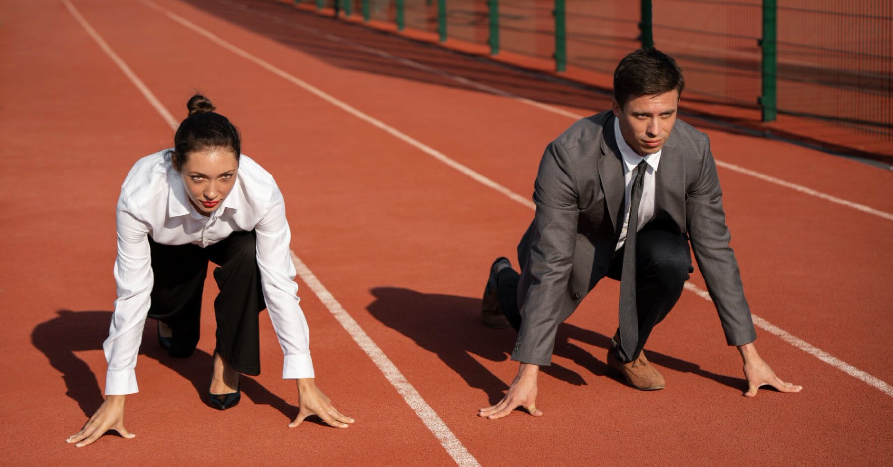 Employees at the start of a race track