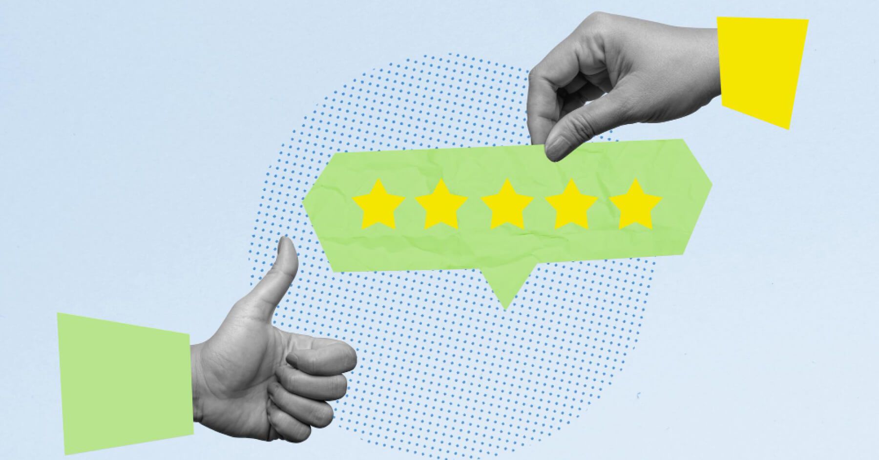 Pop collage of hands holding reviews
