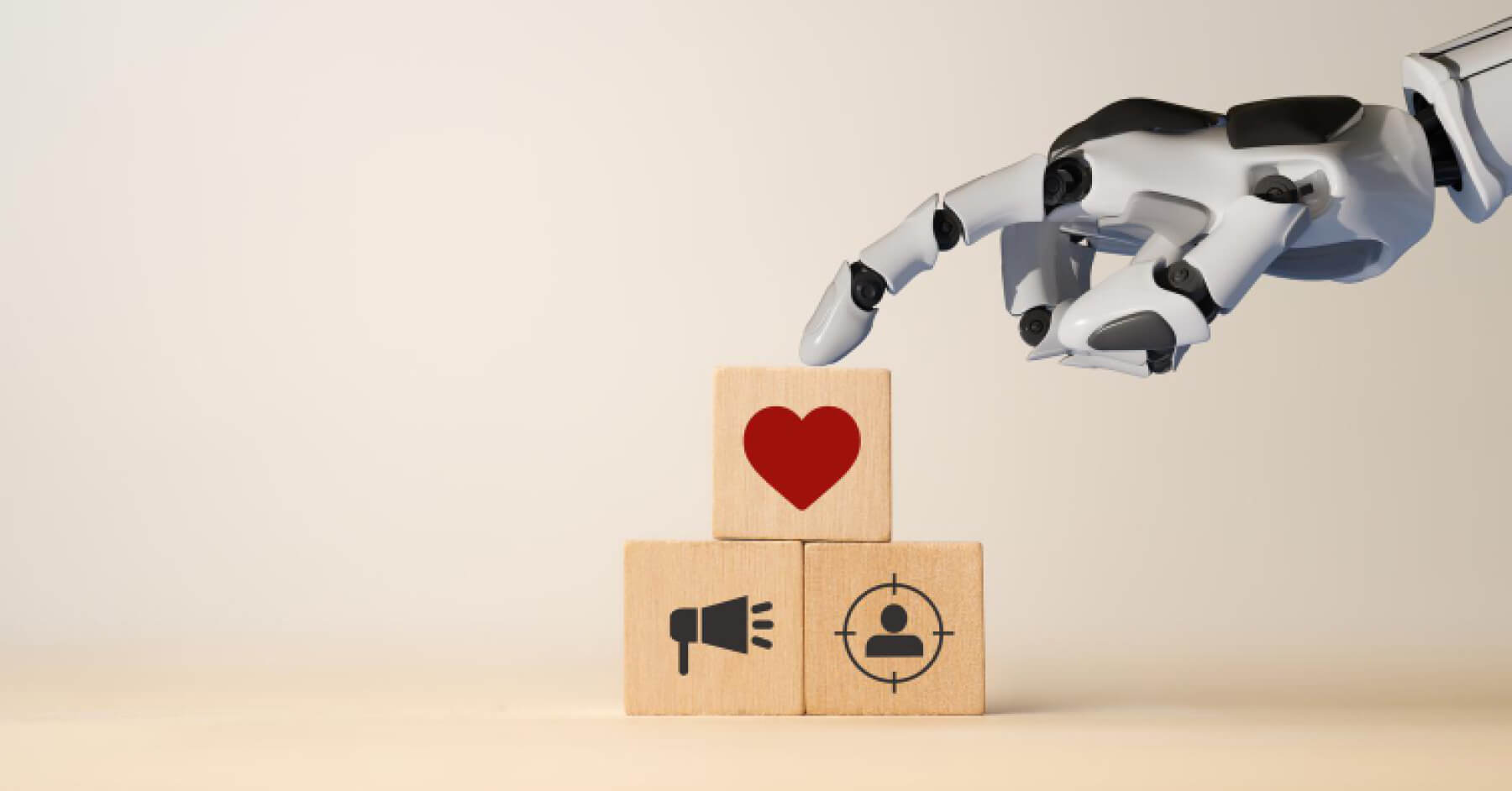 Robot hands showing the wooden blocks of heart, speaker and target
