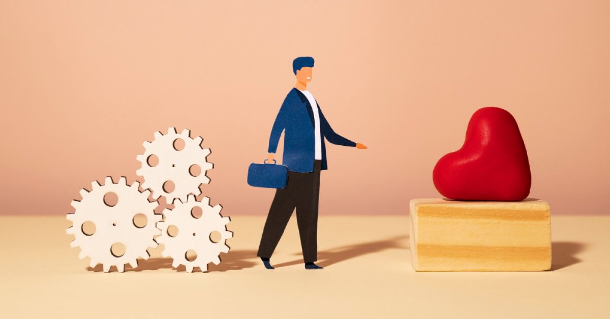 Employee paper cut juggling between work gears and heart