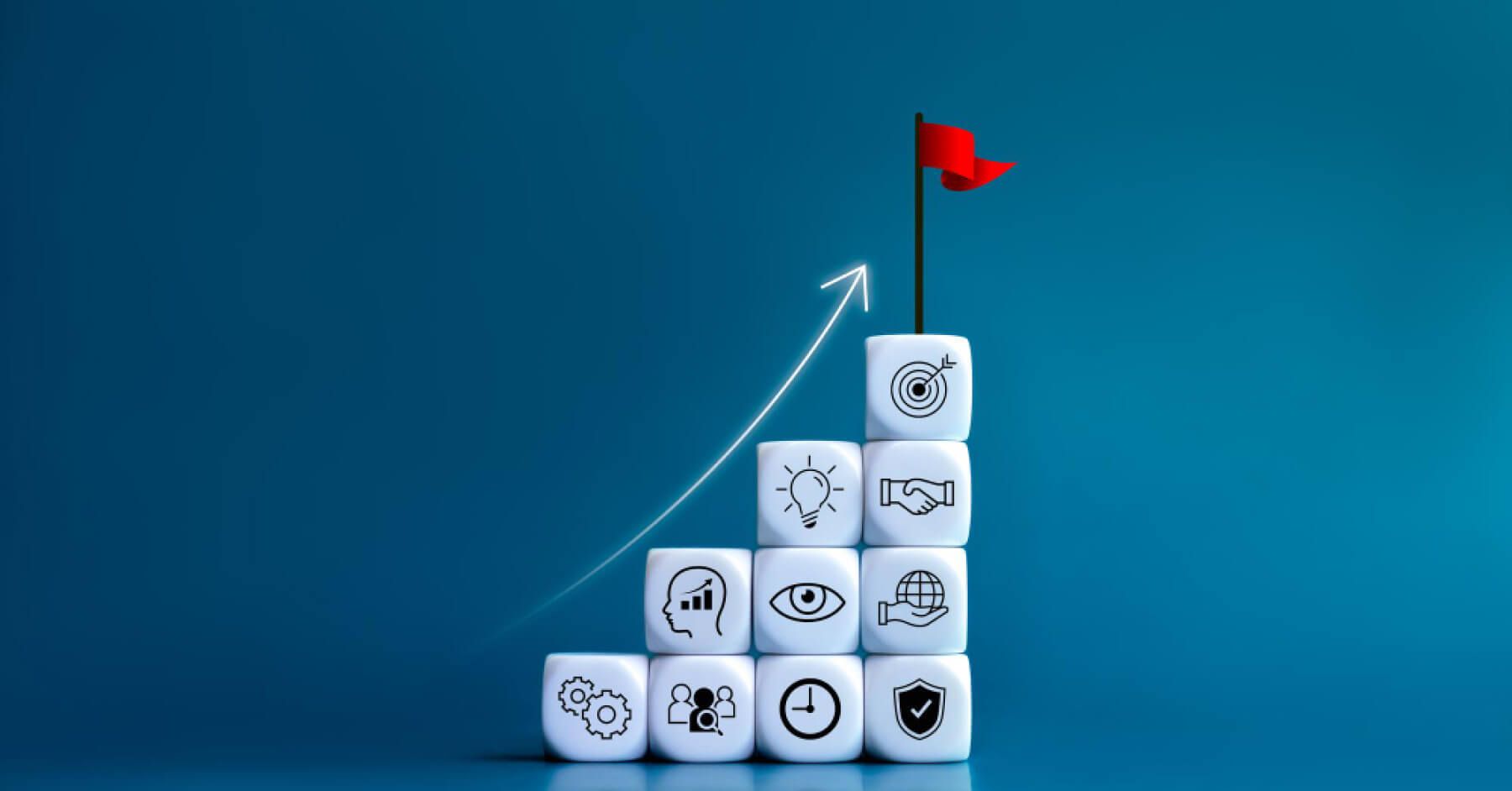 Dices of multiple performance evaluation drawings stacked on top of each other with a red flag