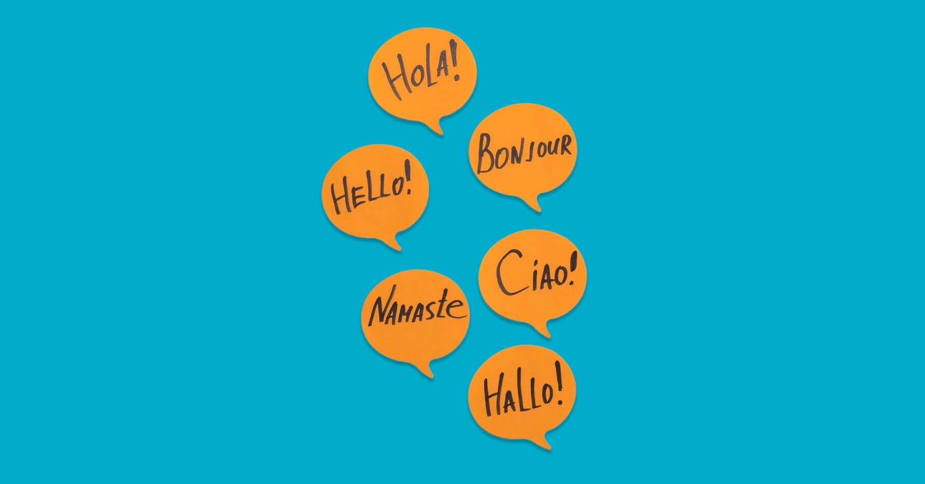 Message sticky note saying hello in multiple languages