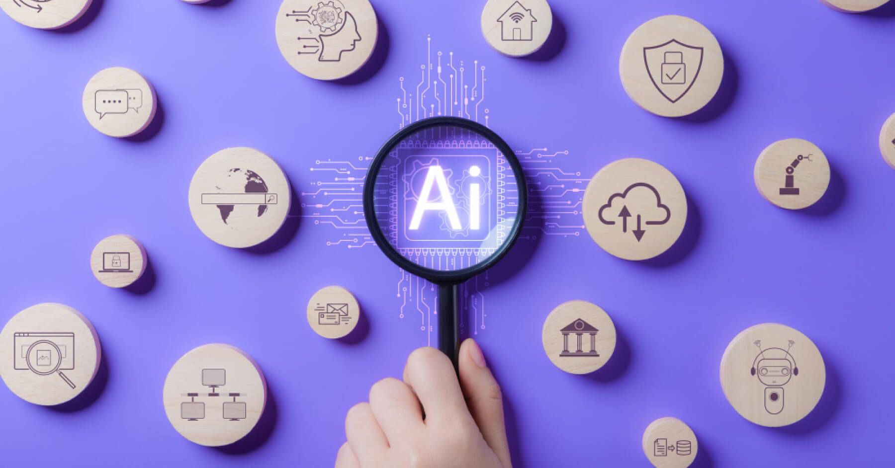 Magnifying glass zooming into AI