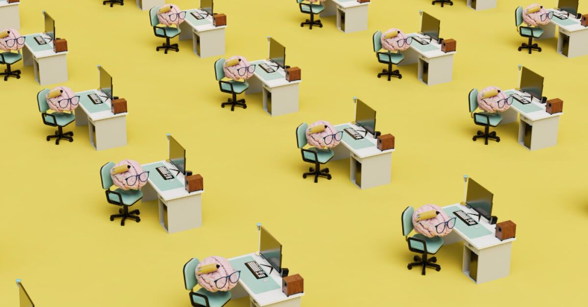 Brains with spectacles facing computers