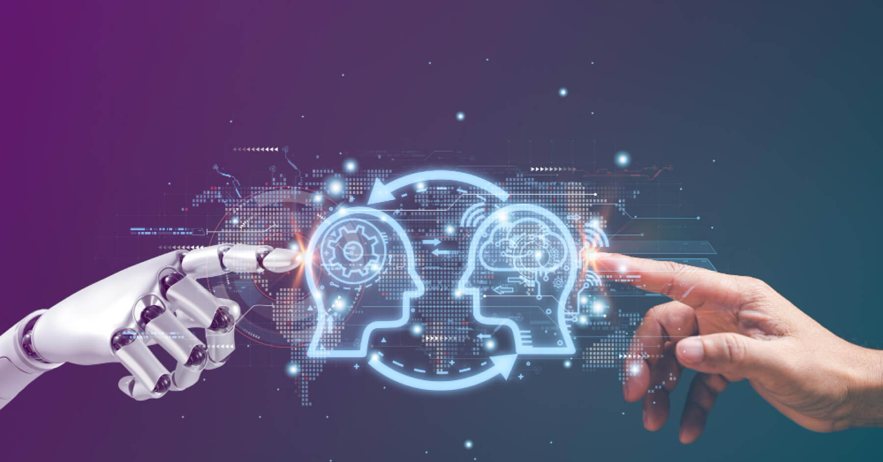 Robot hands and human hands analyzing human brain and robot brain