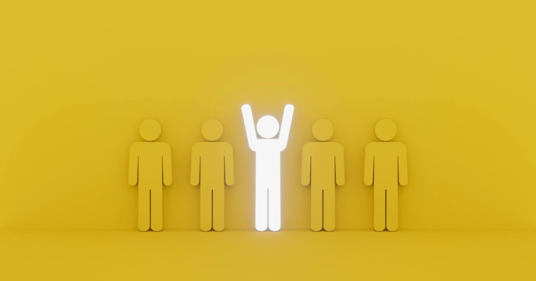 Five yellow people standing with the third one raising hands and lightening up