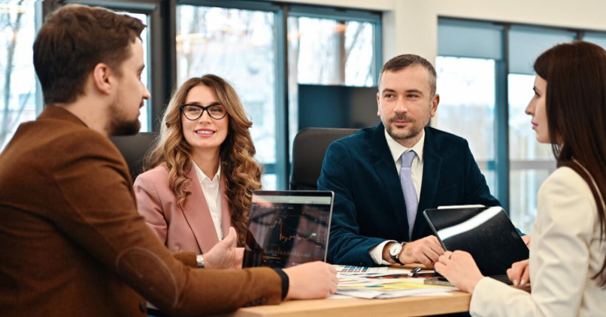 Bank employees interacting with each other