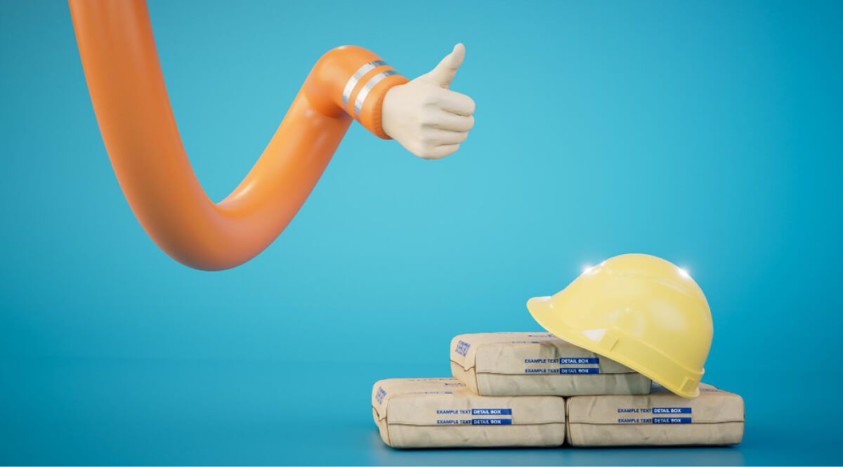 Mockup of a hand showing thumbs up next to bags of cement