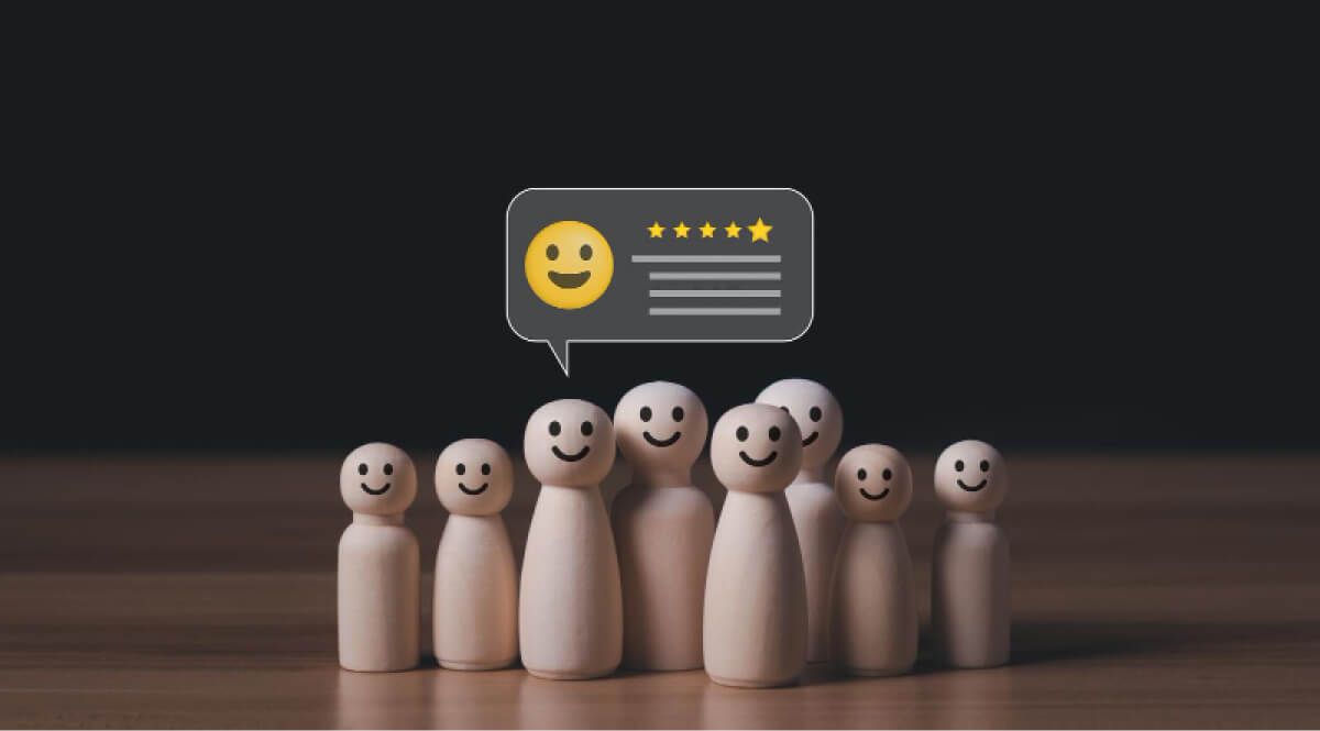 Wooden toys bunched together with a review satisfaction bubble on top of them