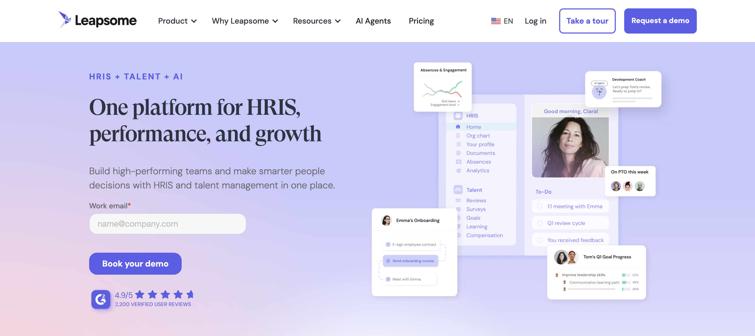 Leapsome engagement survey dashboard showing OKR alignment and team sentiment scores