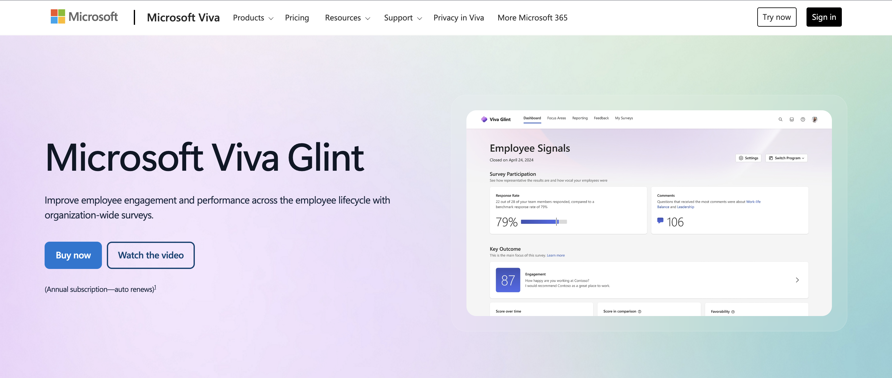 Microsoft Viva Glint survey interface inside Microsoft Teams showing real-time engagement dashboard and AI-generated manager insights