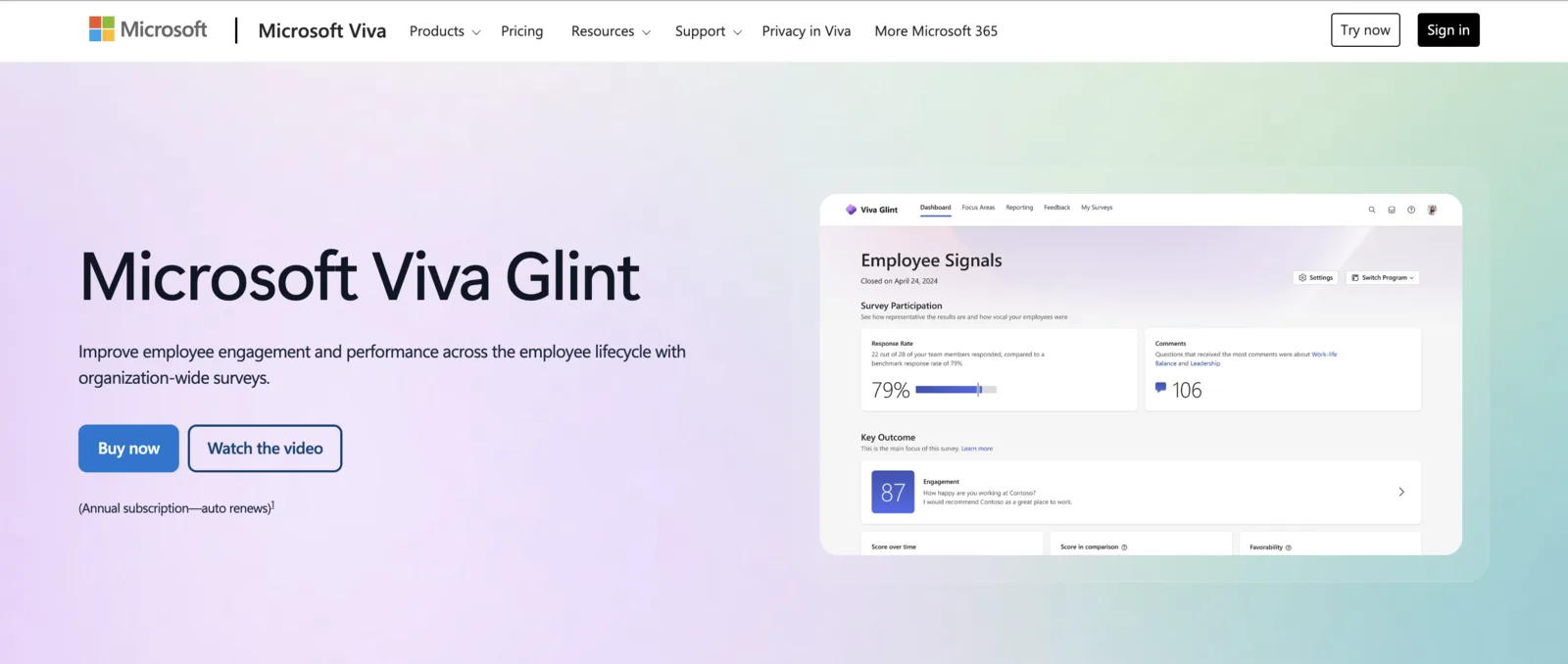 Microsoft Viva Glint survey interface inside Microsoft Teams showing real-time engagement dashboard and AI-generated manager insights