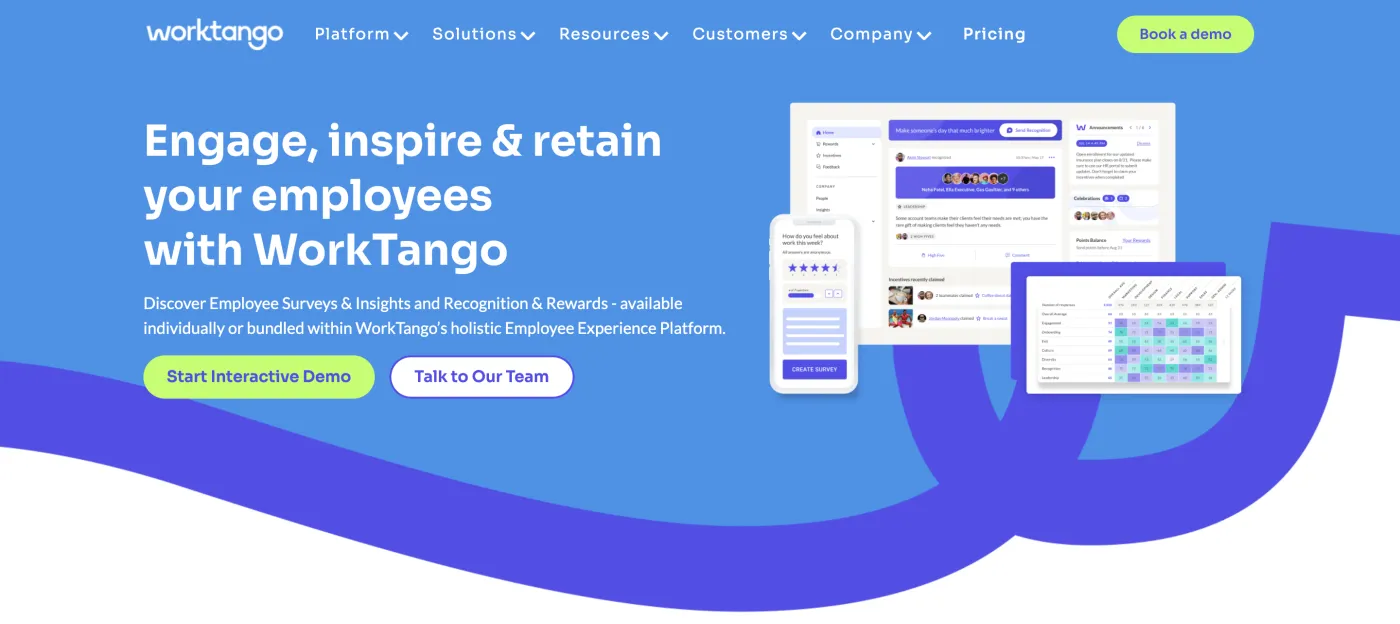 WorkTango platform view combining engagement survey insights with recognition activity
