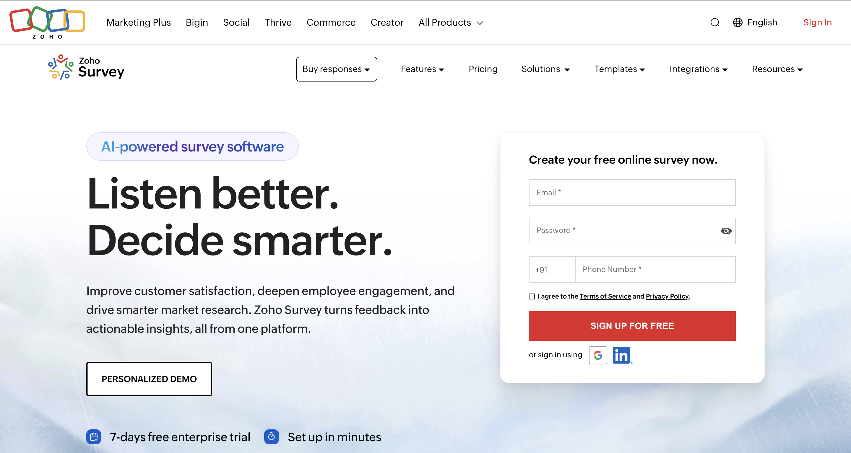 Zoho Survey drag-and-drop survey builder showing question type library, mobile preview, and real-time response analytics