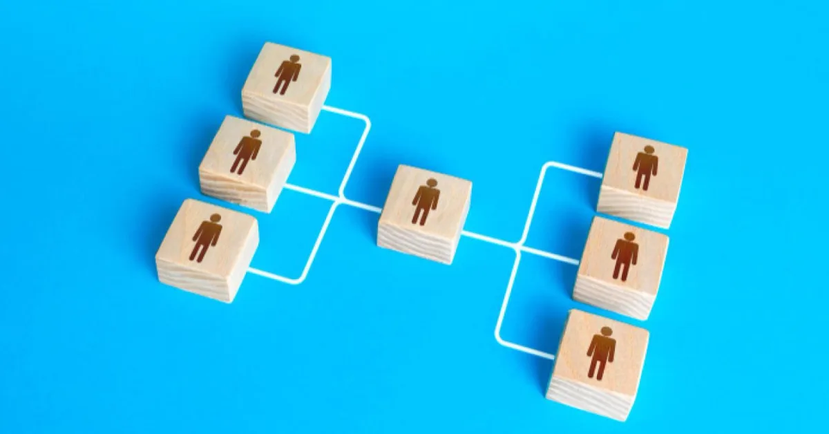 Wooden blocks with employee graphics linked by white lines