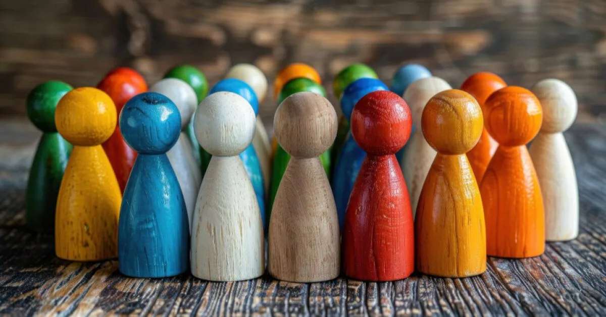 Wooden people-shaped pieces in diverse colours