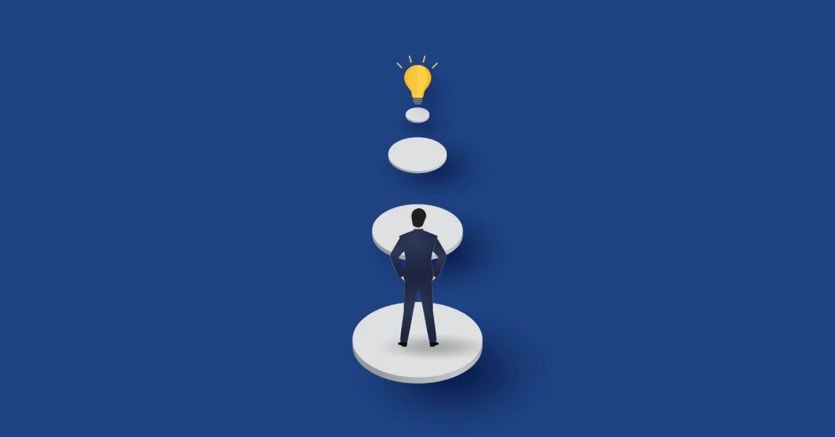 A manager looking at an idea bulb that's steps away from him