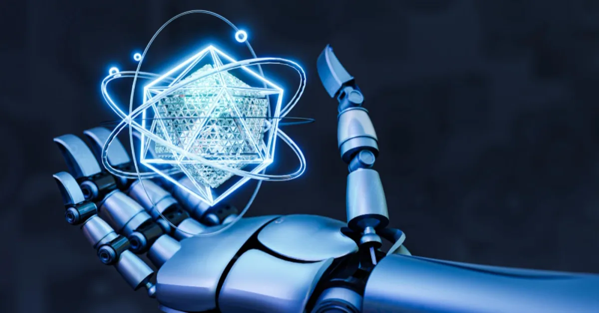A robot holding a flashy, fancy, futuristic thing in hand
