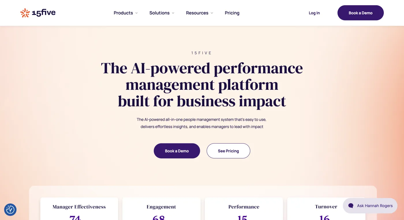 15Five homepage — Goal-focused performance, July 2026