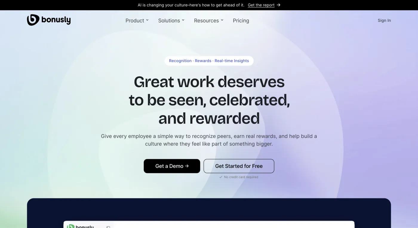 Bonusly homepage — Peer recognition, July 2026