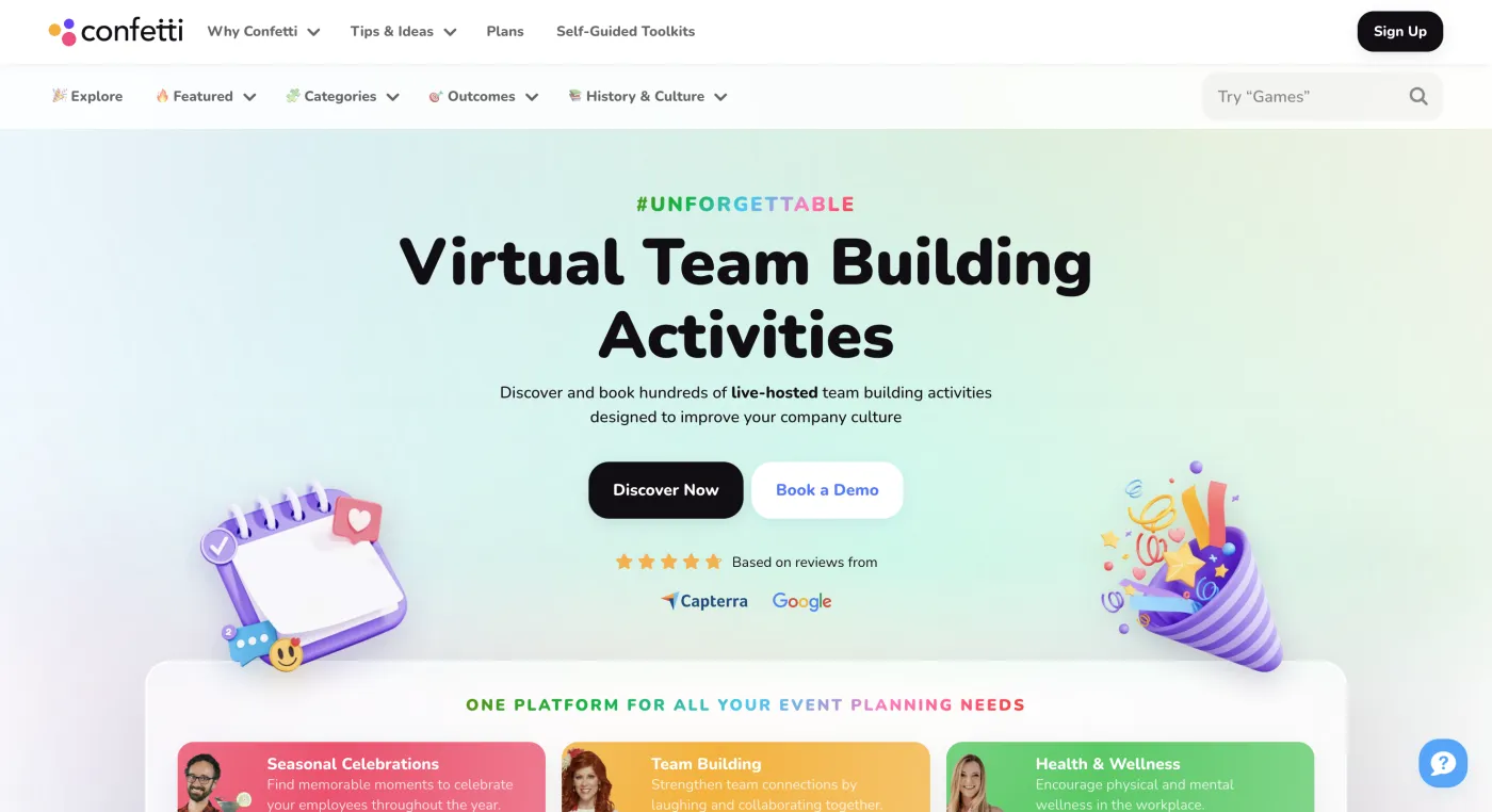 Confetti homepage — Virtual team building, July 2026