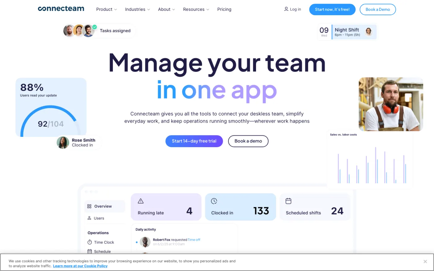 Connecteam homepage — Mobile-first deskless engagement, July 2026