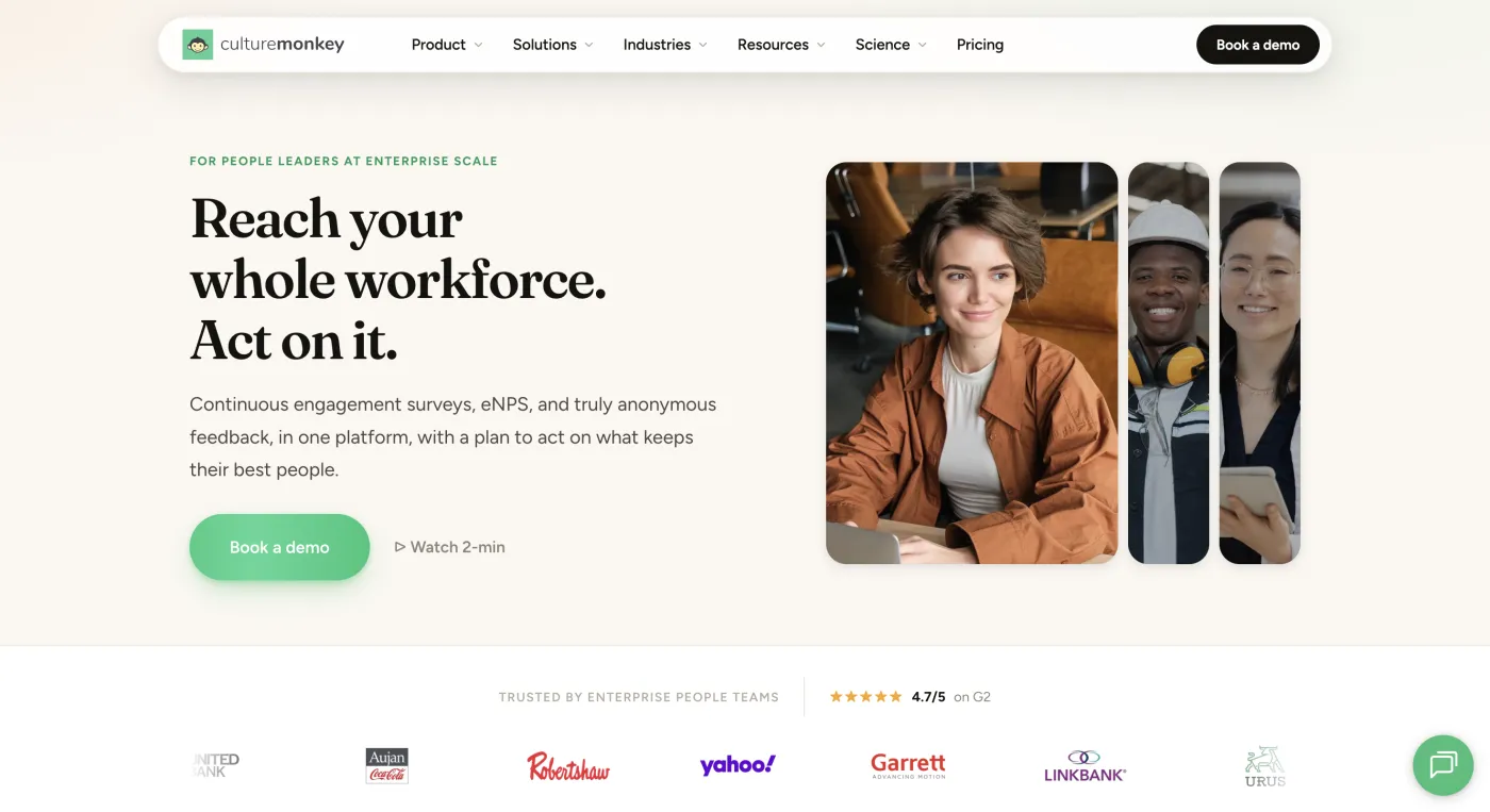 CultureMonkey homepage — People Science-powered engagement, July 2026