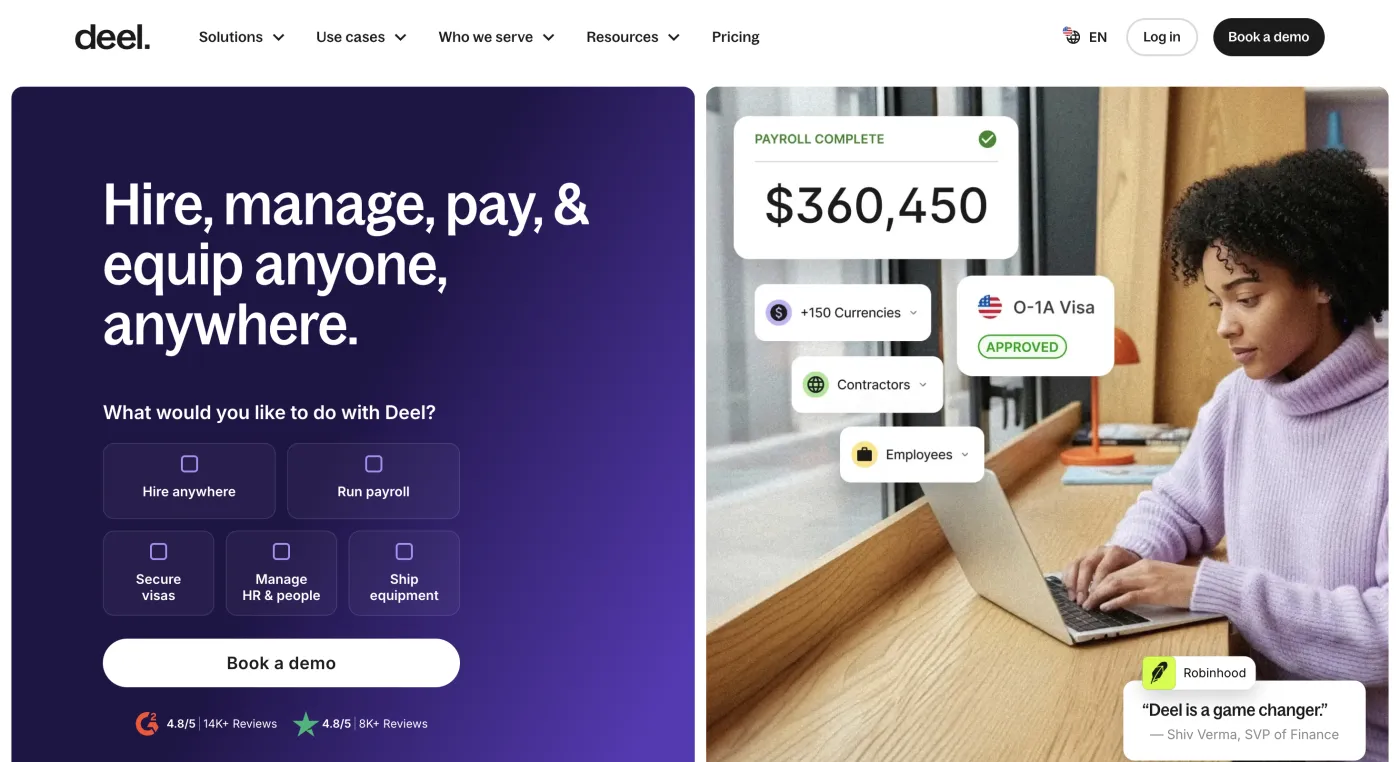 Deel homepage — Global distributed workforces, July 2026