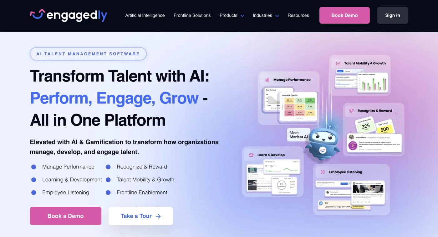 Engagedly homepage — Talent and performance, July 2026