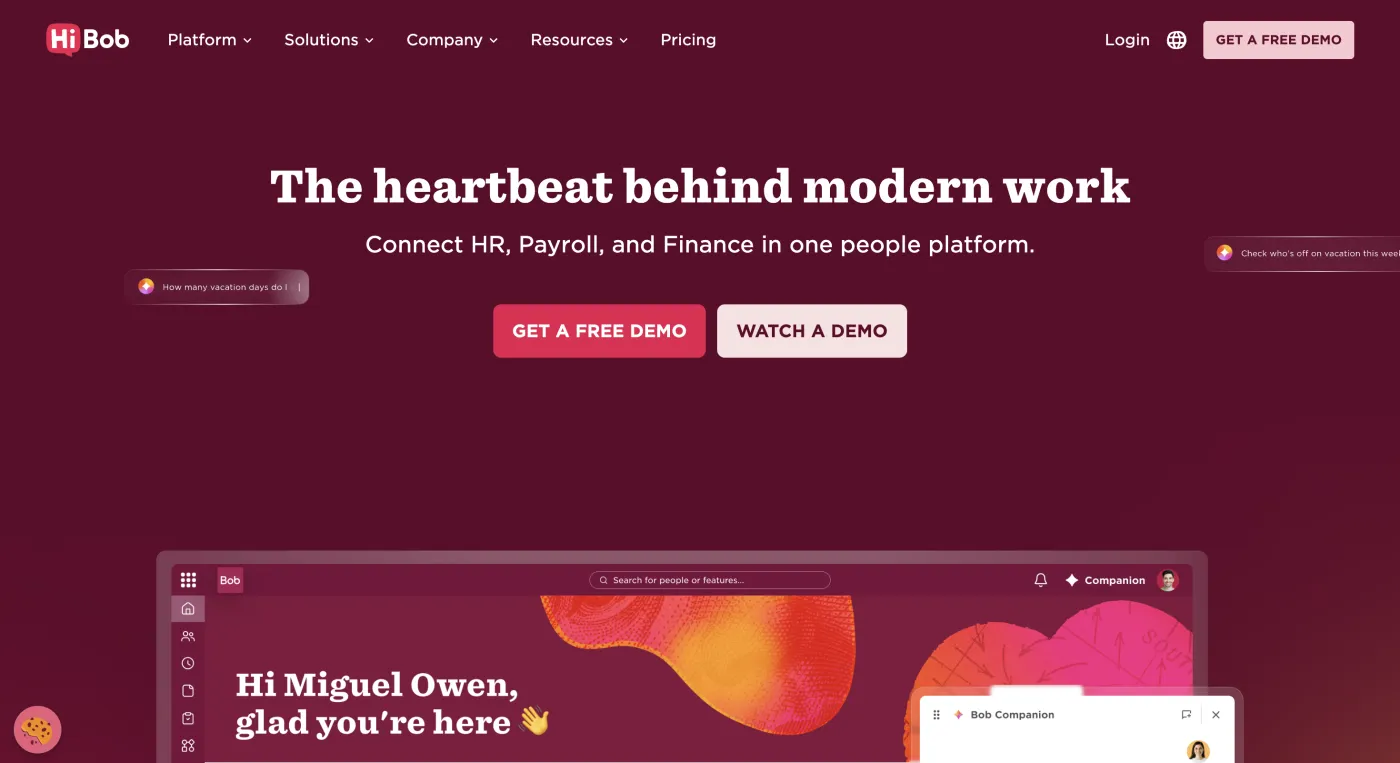 HiBob homepage — Modern HR engagement, July 2026