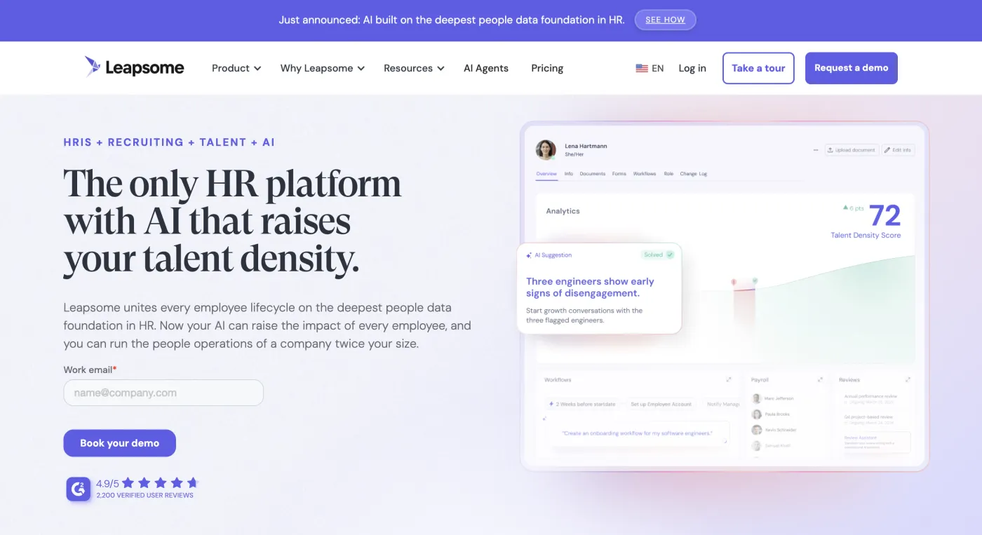 Leapsome homepage — Engagement, learning, and growth, July 2026
