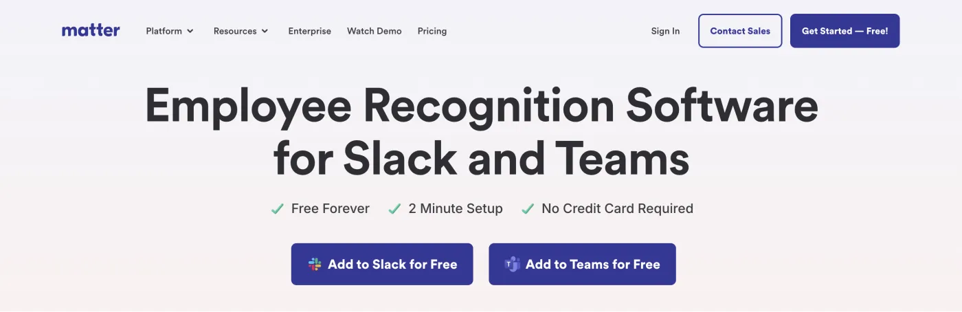 Matter homepage — Recognition for small teams, July 2026