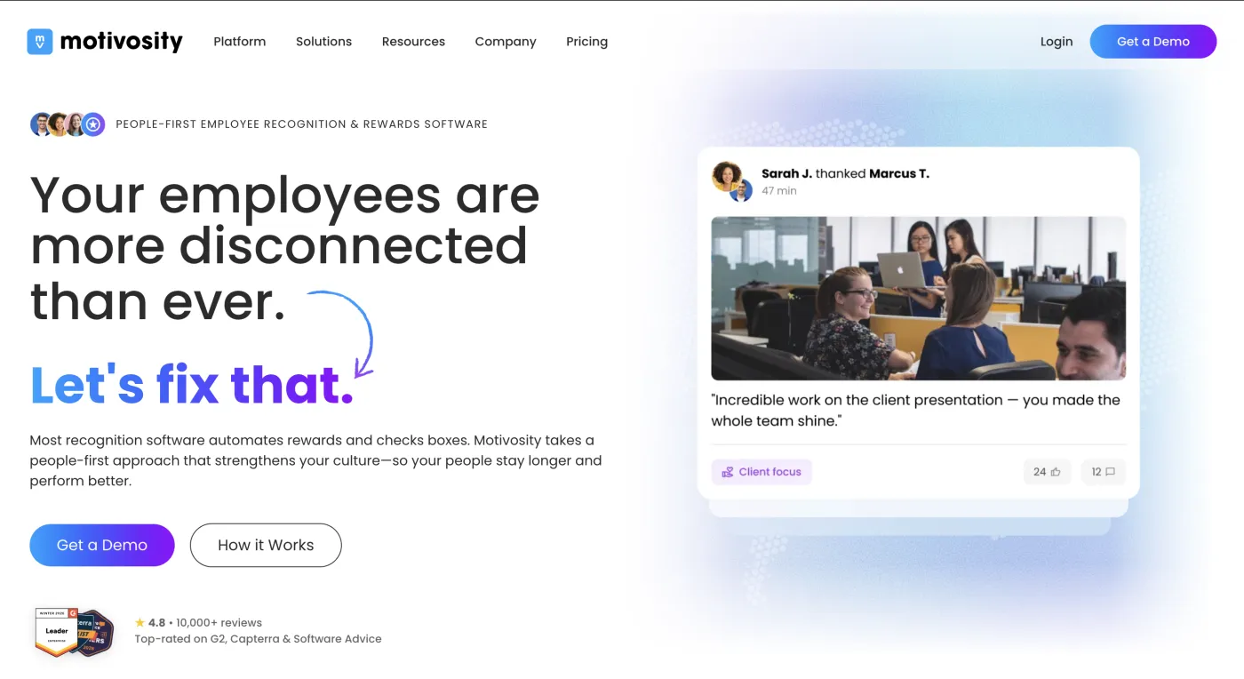 Motivosity homepage — Gratitude for hybrid teams, July 2026