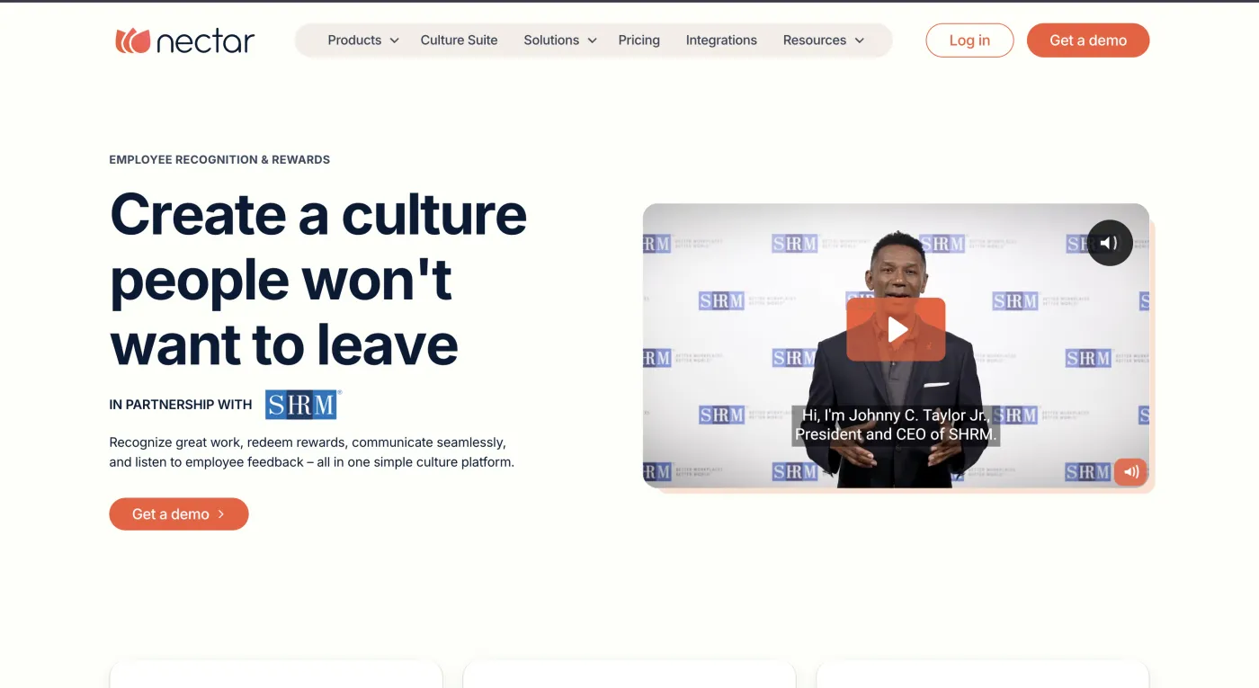 Nectar homepage — Lightweight recognition, July 2026