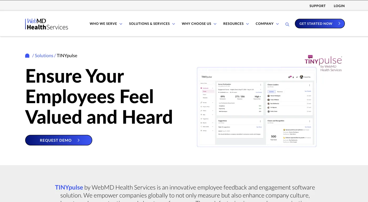 TINYpulse (by WebMD Health Services) homepage — Quick pulse sentiment, July 2026