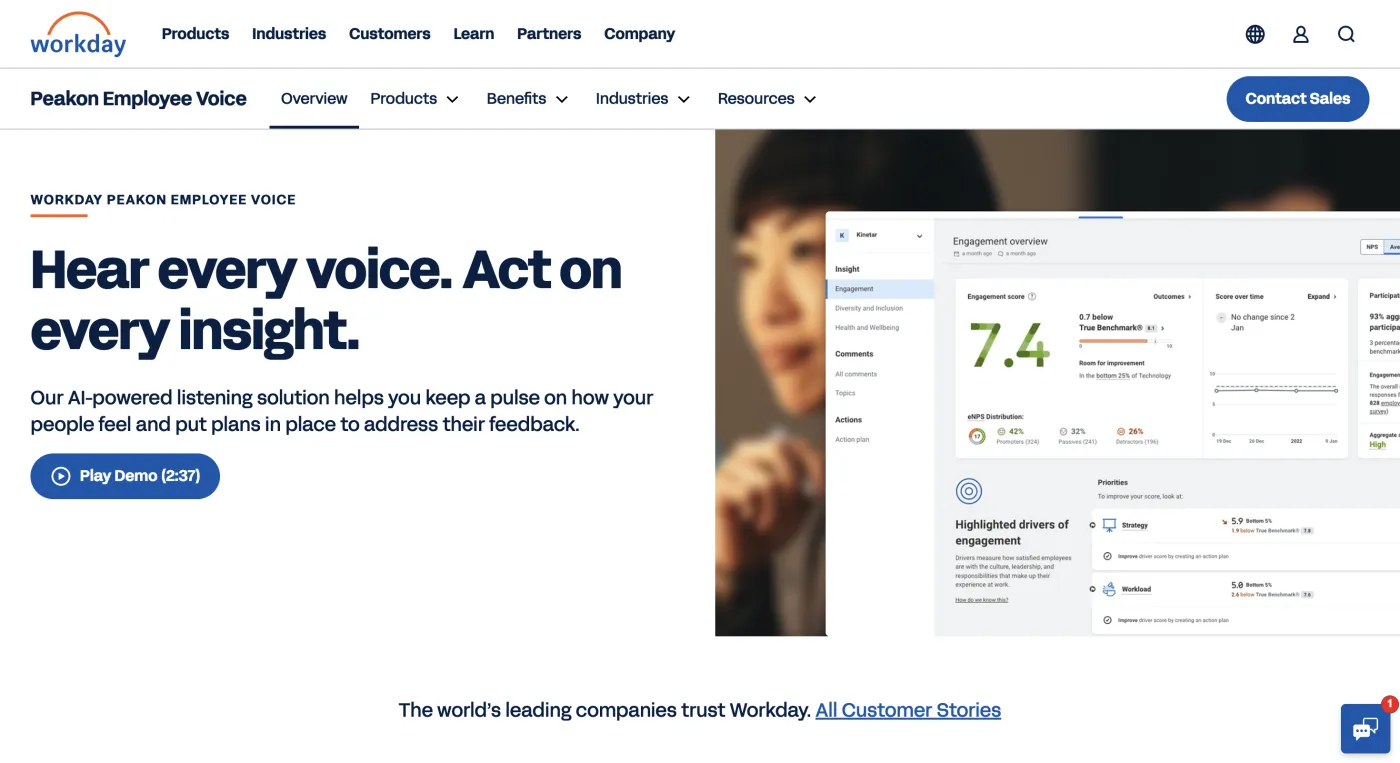 Workday Peakon (Employee Voice) homepage — Continuous listening, July 2026
