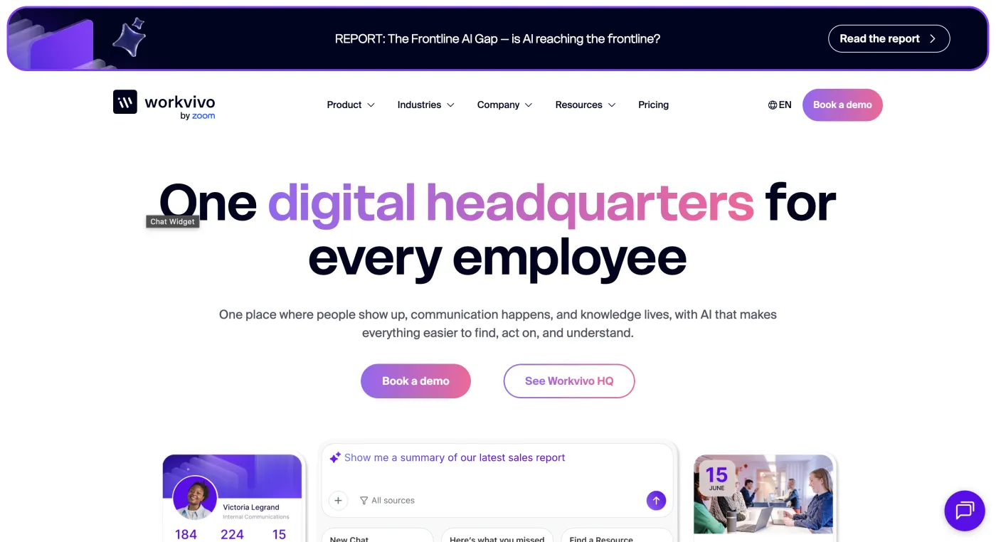 Workvivo homepage — Community-driven engagement, July 2026