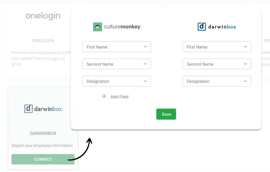 The CultureMonkey field-mapping dialog for Darwinbox, showing CultureMonkey attributes on the left and the matching Darwinbox fields on the right, with the Darwinbox connect card behind it.