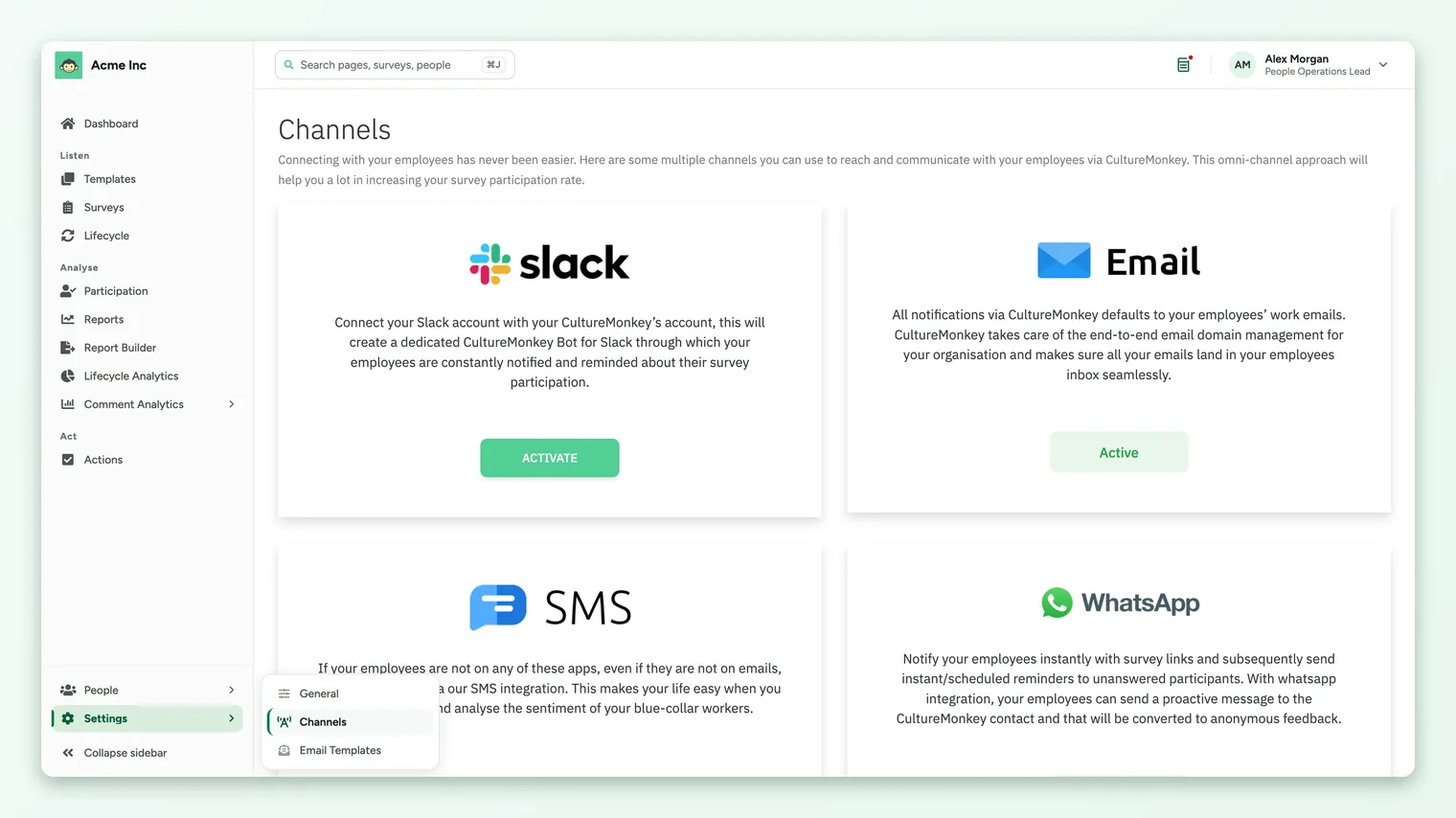 The CultureMonkey Channels page, opened from the Settings menu in the sidebar, with an Activate button on the Slack card beside the Email, SMS and WhatsApp cards.