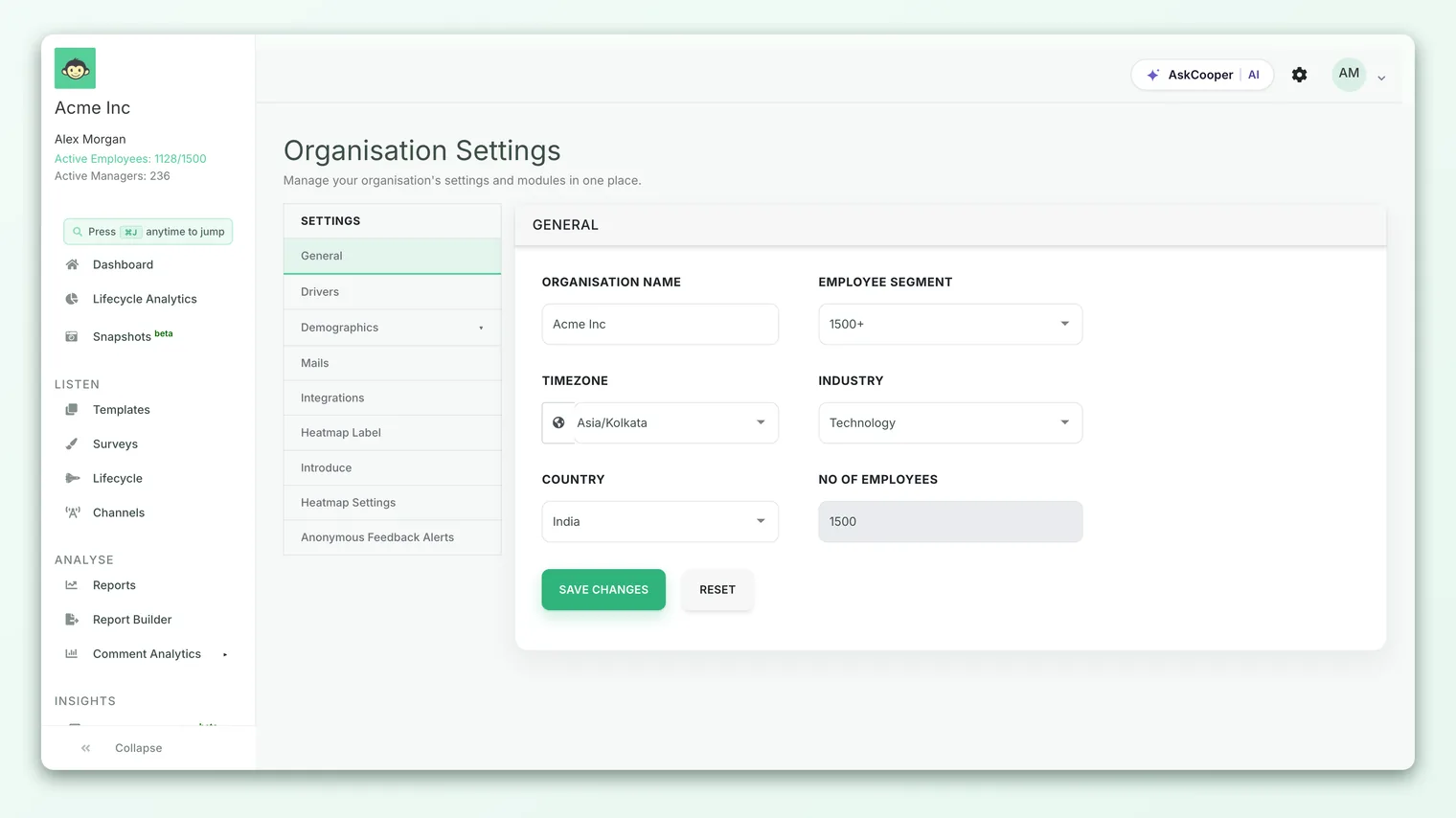 The General tab of the CultureMonkey account settings, showing organization name, employee segment, timezone, industry, country and logo fields.