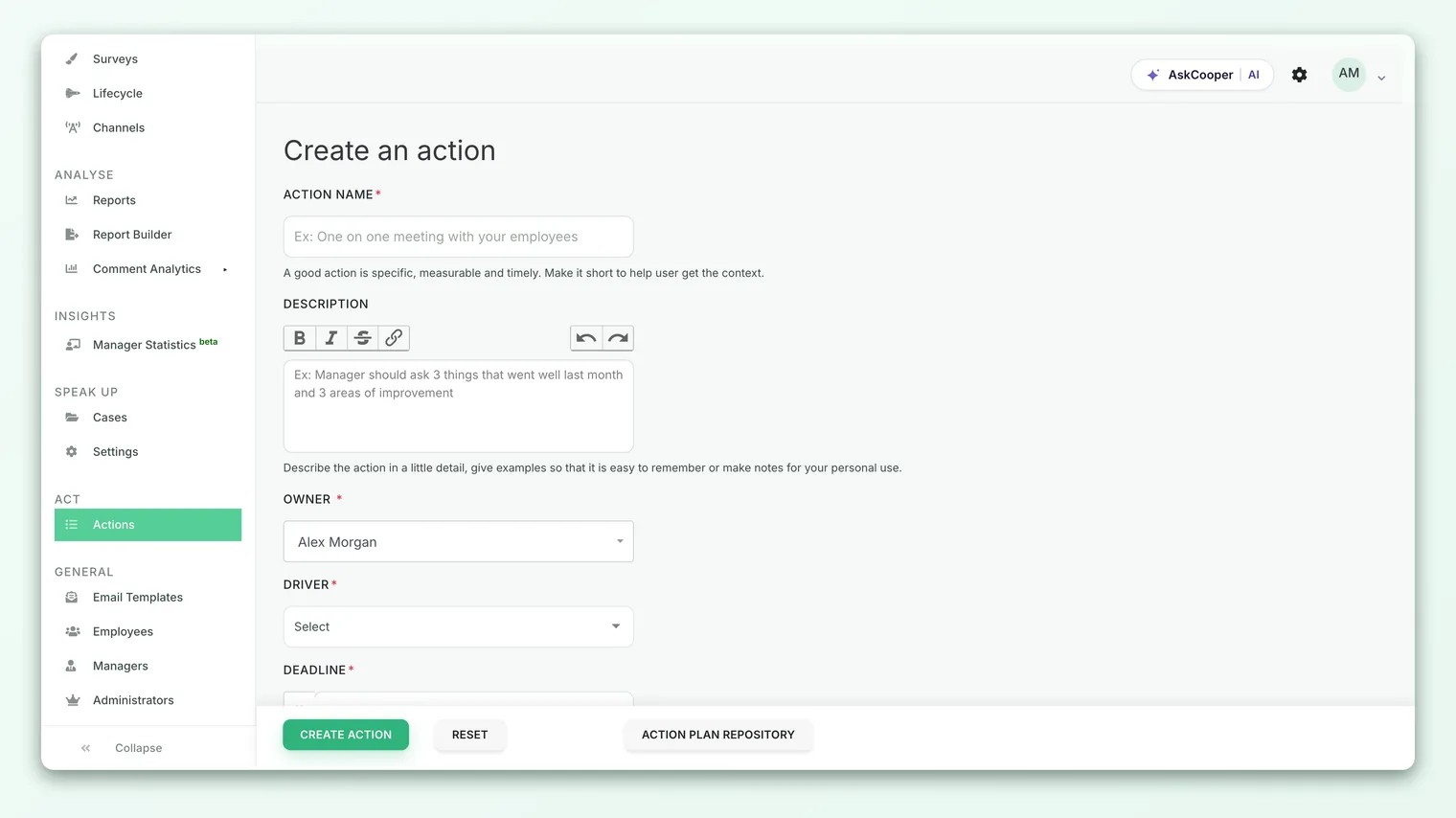 The action template library showing driver filter pills across the top and template cards below, each with a Take this action button.