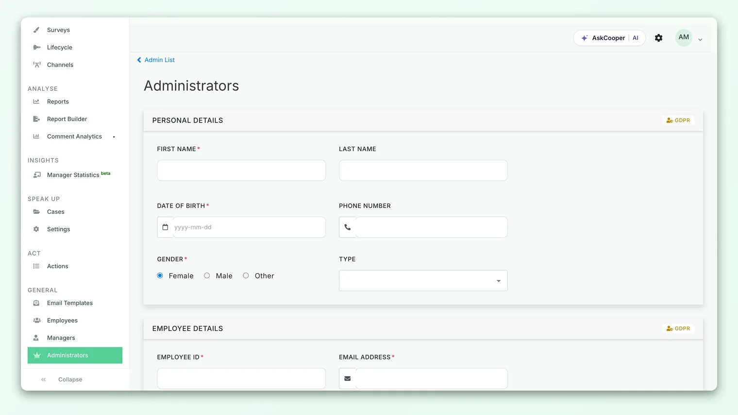 The create-administrator form showing the name, email and Access Permissions section with Super-admin and Sub-admin options.