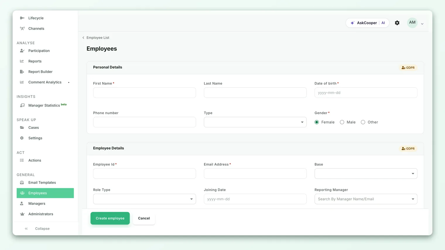 The Add Employee form with personal details and employee details sections.