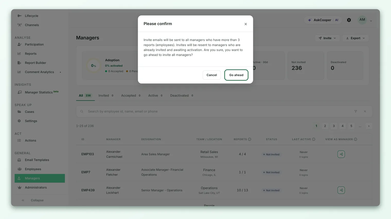The Managers page with the manager invite form open, ready to add a manager.